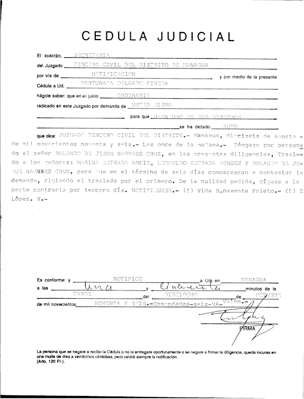 Cedula judicial emitida por el JUZGADO TERCERO CIVIL DEL DISTRITO DE MANAGUA