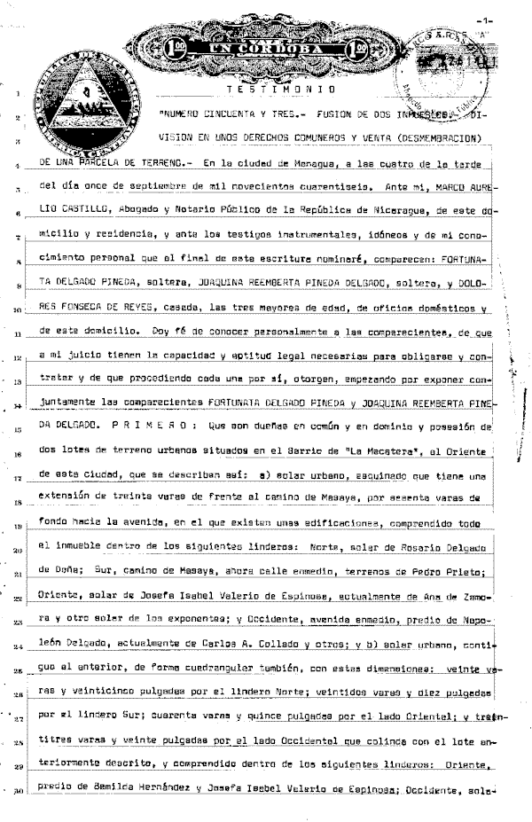 P�gina 1 de la Escritura original de 1946 emilitida por el Abogado y Notario Marco Aurelio Castillo